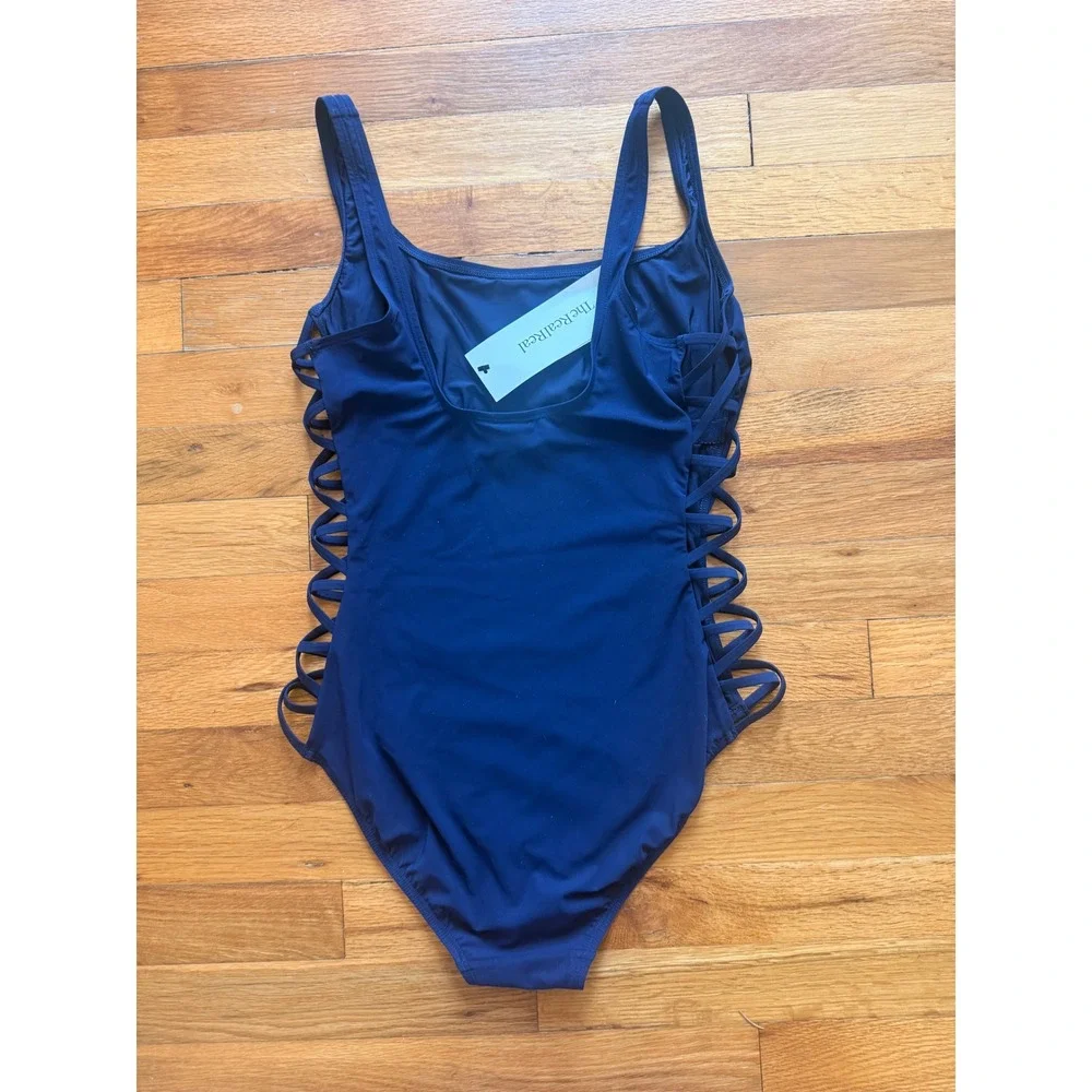 Tory Burch One Piece Swimsuit Navy Blue Lattice Side Strappy Size Medium